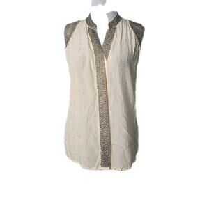 Aryn K. Cream SILK Beaded Hidden-Button-Front Top Size Large L Sleeveless